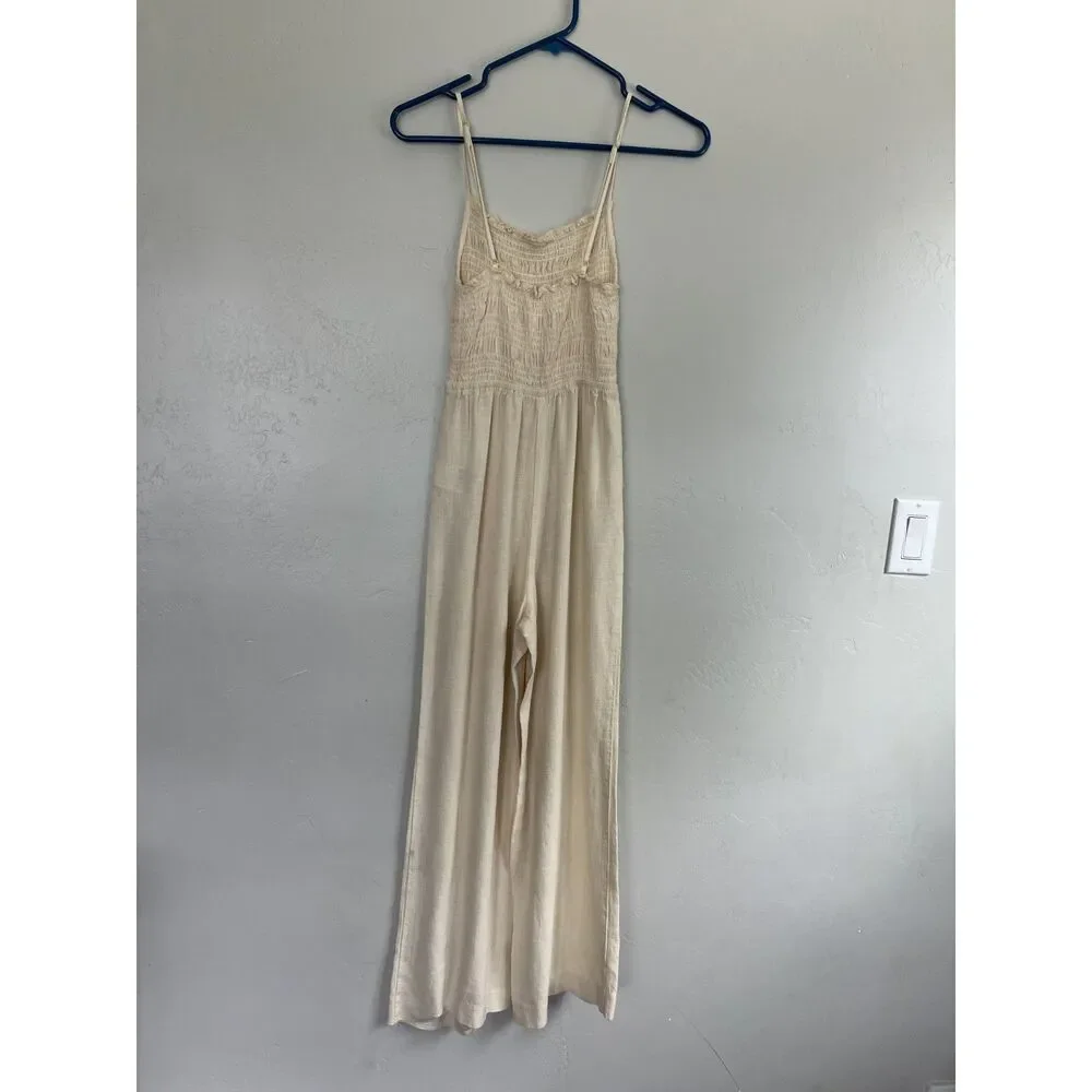 H&M Smocked Linen Blend Wide Leg Cream Jumpsuit Size XS